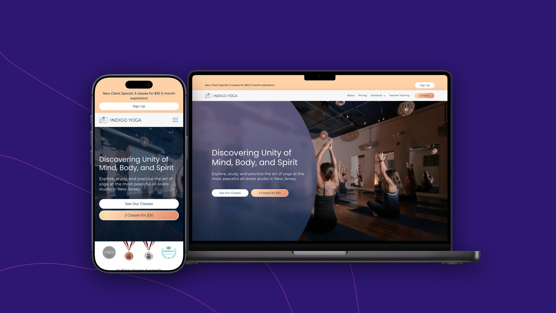 Indigo Yoga Studios shown on desktop and mobile
