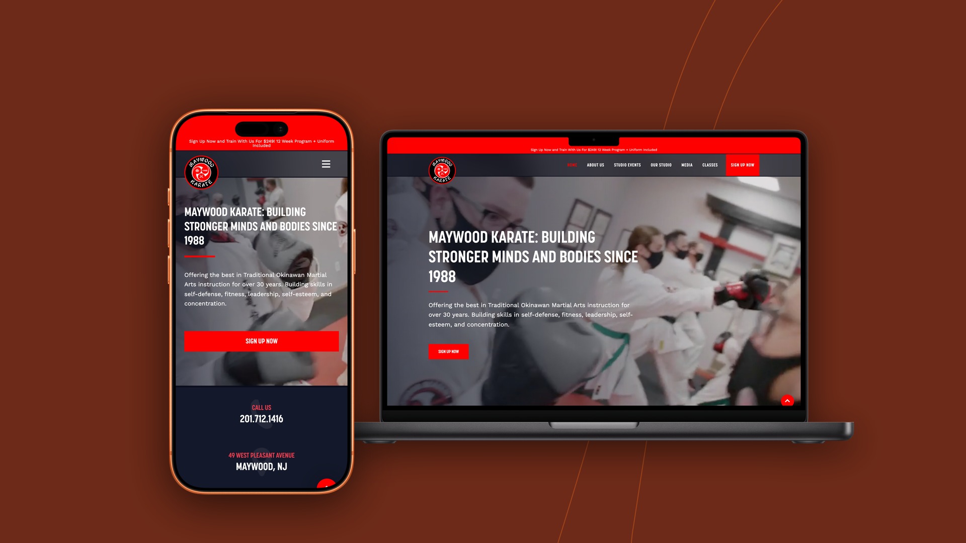 Maywood Karate shown on desktop and mobile