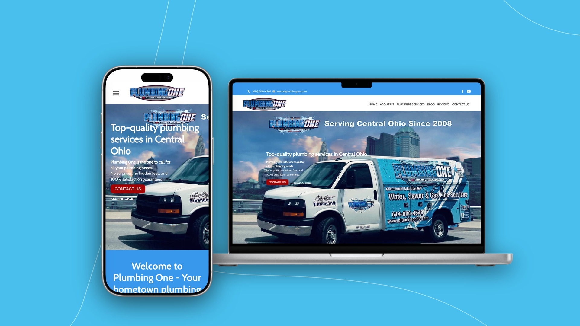 Plumbing One shown on desktop and mobile